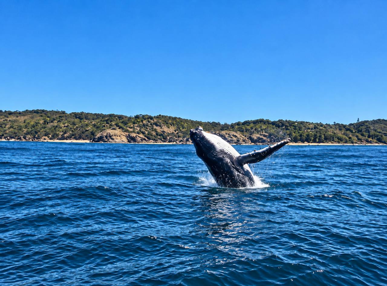 Humpback whale breaching off the Port Macquarie coast during whale watching with Port AdVenture Cruises